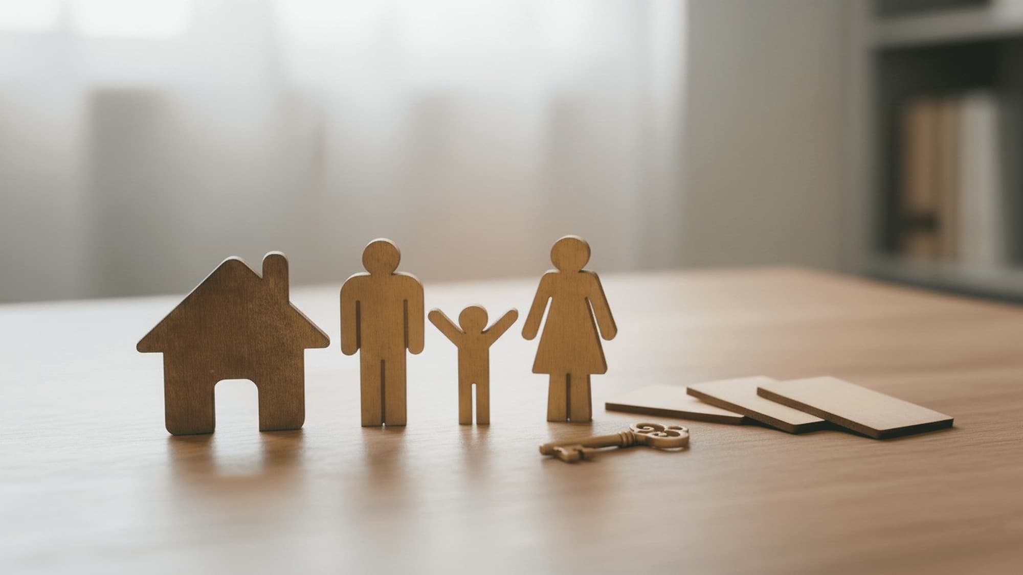 Holzfiguren einer Familie mit Haus und altem Schlüssel als Symbol für eine geerbte Immobilie